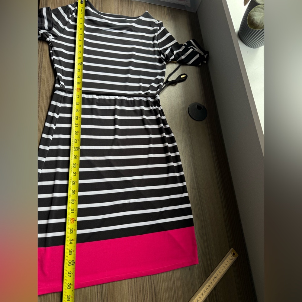 Liz Claiborne Dress Women's Sz S Belted Sheath 3/4 Sleeve Knee Length Striped - Picture 9 of 12
